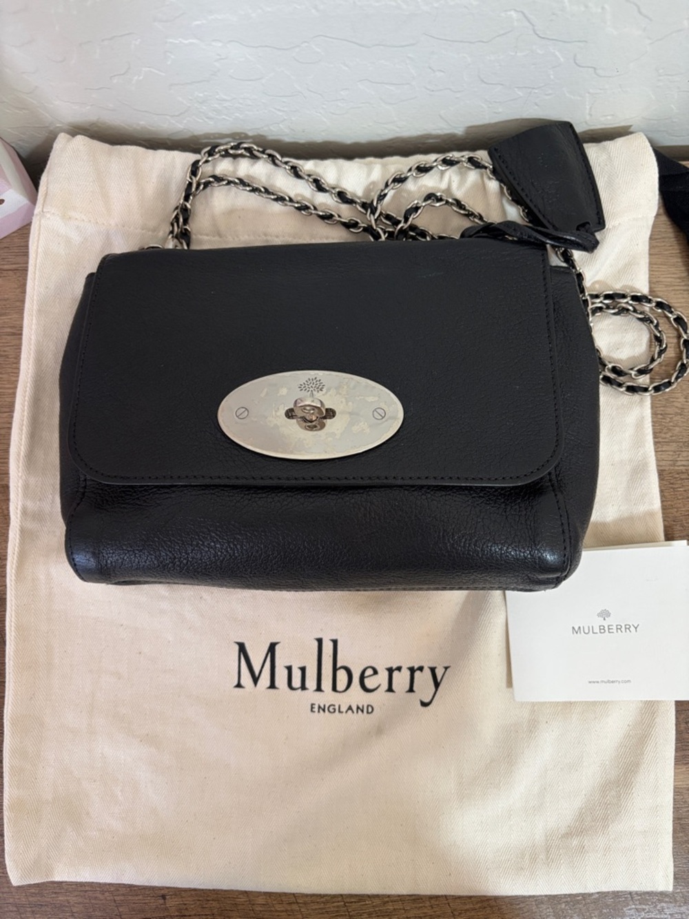 Mulberry Lily Black Leather Shoulder Bag with Silver Chain